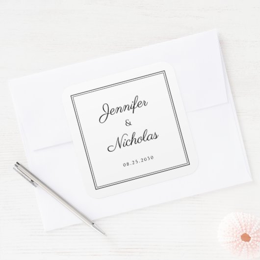 Elegant  Black And White Script Wedding スクエアシール (封筒)