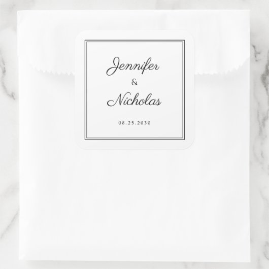 Elegant  Black And White Script Wedding スクエアシール (バッグ)