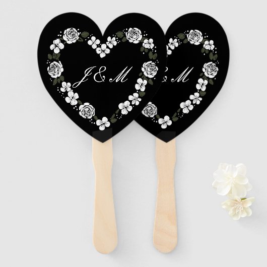 Elegant Black and White Script Wedding Fan ハンドファン (正面&裏面)