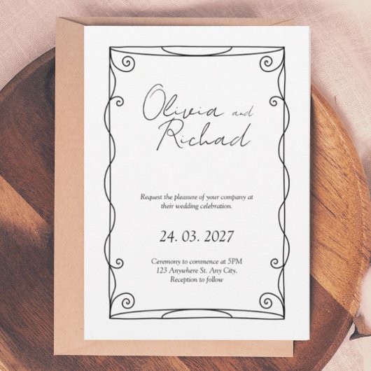 Elegant Black and White Script Wedding Invitation  招待状