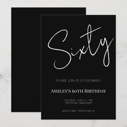Elegant Black and White Sixty 60th Birthday 招待状 (正面/裏面)