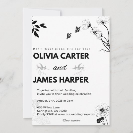 Elegant Black and White Wedding Invitation 招待状 (正面)