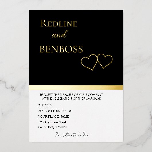 Elegant Black and white Wedding Invitation Gold 箔招待状 (正面)