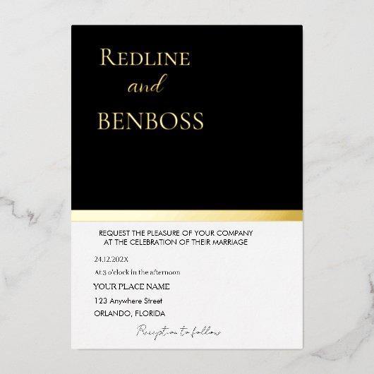 Elegant Black and white Wedding Invitation Gold 箔招待状 (正面)