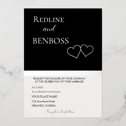 Elegant Black and white Wedding Invitation Silver 箔招待状 (正面)