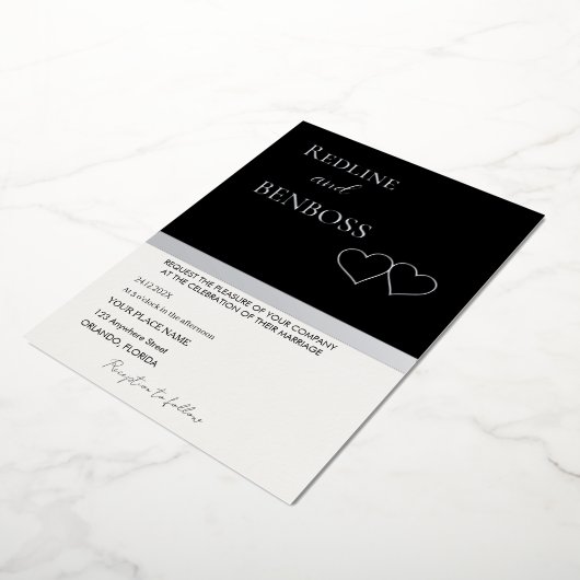 Elegant Black and white Wedding Invitation Silver 箔招待状 (回転した状態)