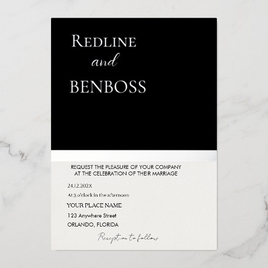 Elegant Black and white Wedding Invitation Silver 箔招待状 (正面)