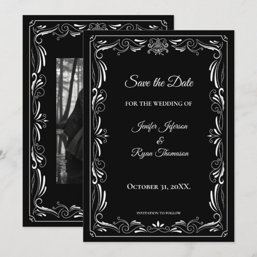 Elegant black and white wedding save the date 案内状 (正面/裏面)