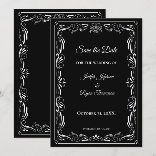 Elegant black and white wedding save the date 案内状 (正面/裏面)