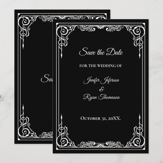 Elegant black and white wedding save the date 案内状 (正面/裏面)