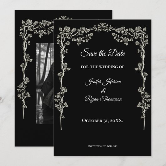 Elegant black and white wedding save the date 案内状 (正面/裏面)