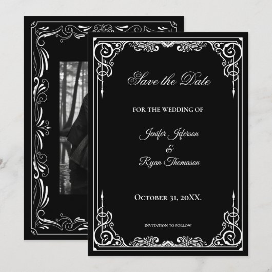 Elegant black and white wedding save the date 案内状 (正面/裏面)