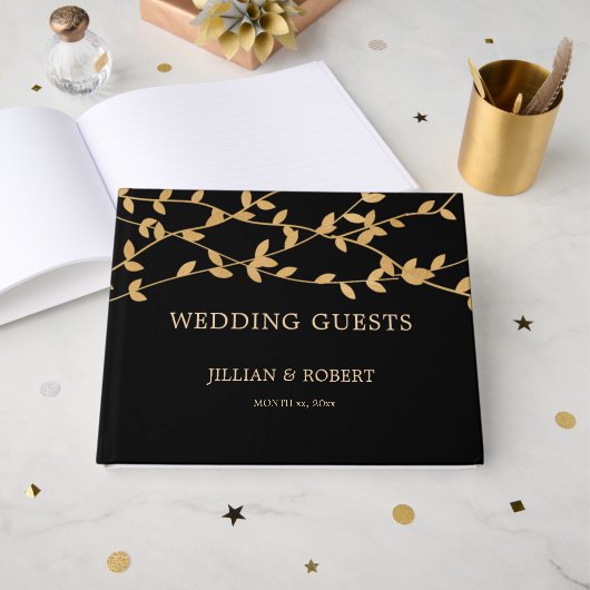 Elegant Black and White with Gold Leaves Wedding ゲストブック (正面見開き)