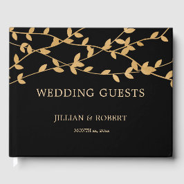 Elegant Black and White with Gold Leaves Wedding ゲストブック