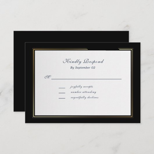 Elegant Black Background Gold Frame RSVP (正面/裏面)
