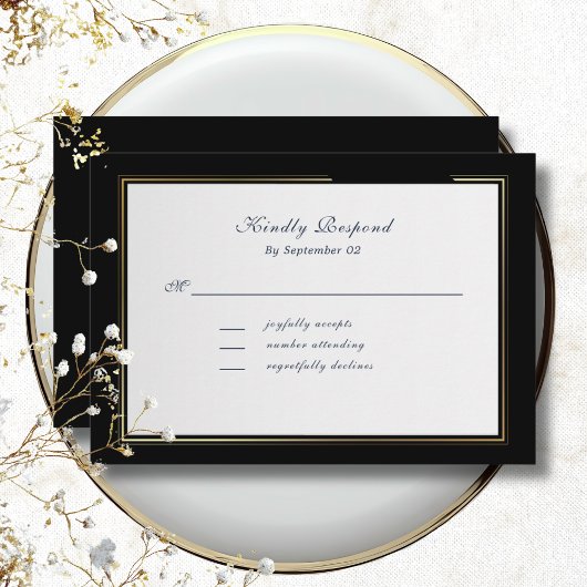 Elegant Black Background Gold Frame RSVP
