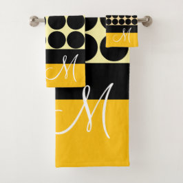 Elegant black  beige &  yellow dots monogram name バスタオルセット