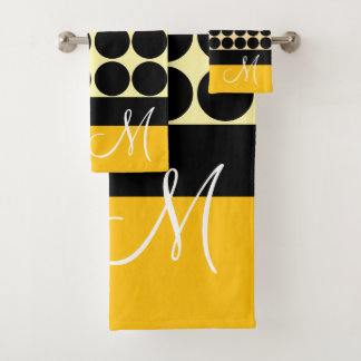 Elegant black  beige &  yellow dots monogram name バスタオルセット