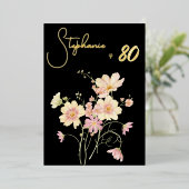 Elegant Black Blush Floral 80th Birthday Rose Gold 箔招待状 (立ち正面)