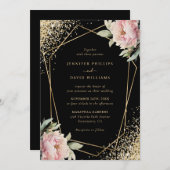 Elegant Black Blush Pink Peony Geo Gold Wedding 招待状 (正面/裏面)