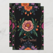 Elegant black boho chic vintage floral  招待状 (正面/裏面)