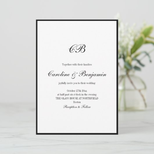 Elegant Black Border White Script Monogram Wedding 招待状 (スタンド正面)