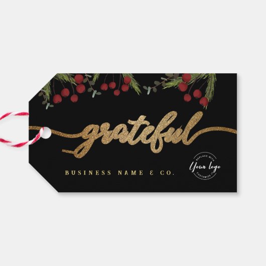 Elegant Black Botanical “Grateful” Holiday Custom  ギフトタグ (裏面横)