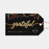 Elegant Black Botanical “Grateful” Holiday Custom  ギフトタグ (正面(横))