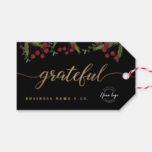 Elegant Black Botanical “Grateful” Holiday Custom ギフトタグ (正面(横))