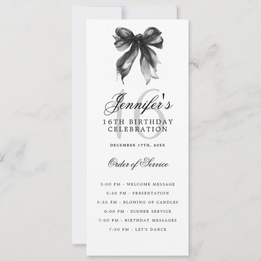 Elegant Black Bow 16th Birthday Party Program Menu 招待状 (正面)