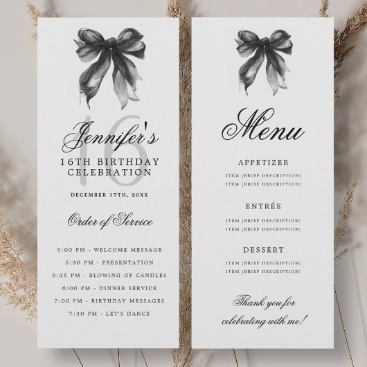 Elegant Black Bow 16th Birthday Party Program Menu 招待状