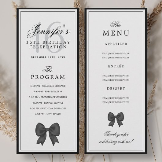 Elegant Black Bow 16th Birthday Program Menu 招待状