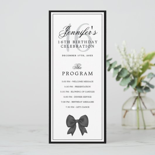 Elegant Black Bow 16th Birthday Program Menu  招待状 (スタンド正面)