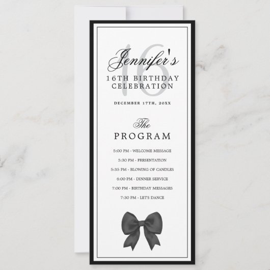 Elegant Black Bow 16th Birthday Program Menu 招待状 (正面)