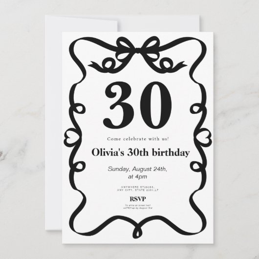 Elegant black bow 30th birthday invitation 招待状 (正面)