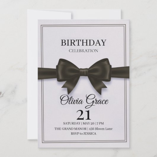 Elegant Black Bow Birthday Invitation 招待状 (正面)