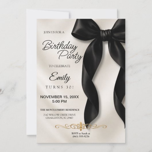 Elegant Black Bow Birthday Invitation 招待状 (正面)