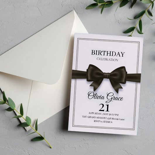 Elegant Black Bow Birthday Invitation 招待状
