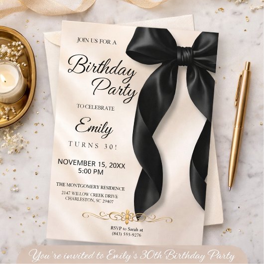 Elegant Black Bow Birthday Invitation 招待状