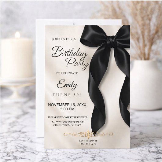 Elegant Black Bow Birthday Invitation 招待状
