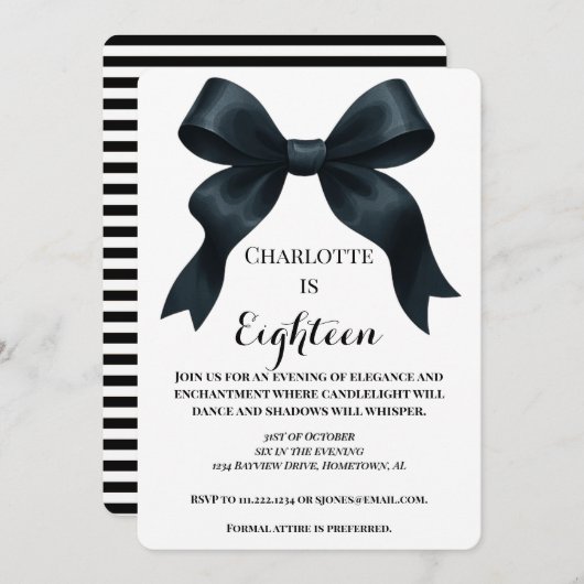 Elegant Black Bow Birthday Invite - Black Stripe 招待状 (正面/裏面)