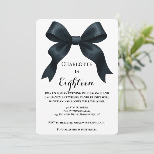 Elegant Black Bow Birthday Invite - Black Stripe 招待状 (スタンド正面)