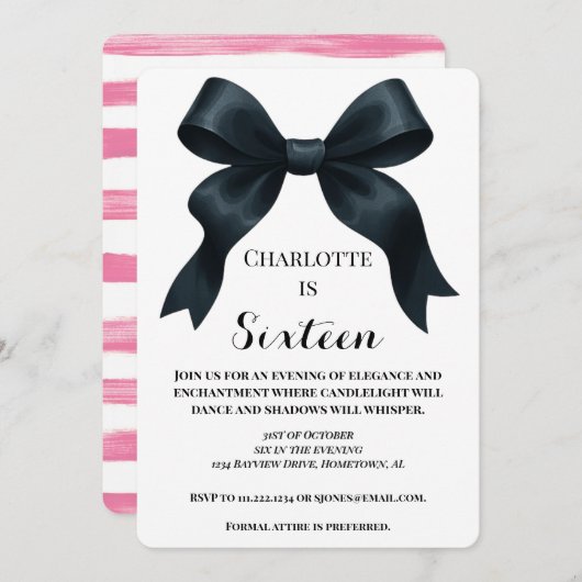 Elegant Black Bow Birthday Invite - Pink Stripe 招待状 (正面/裏面)