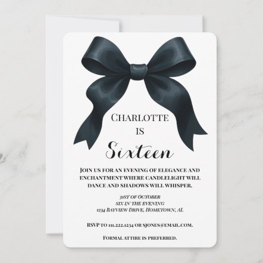 Elegant Black Bow Birthday Invite - Pink Stripe 招待状 (正面)