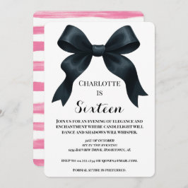 Elegant Black Bow Birthday Invite - Pink Stripe 招待状