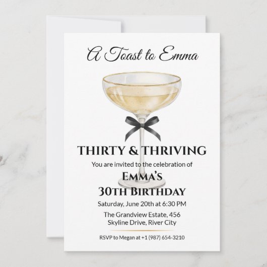 Elegant Black Bow & Champagne 30th Birthday Party 招待状 (正面)