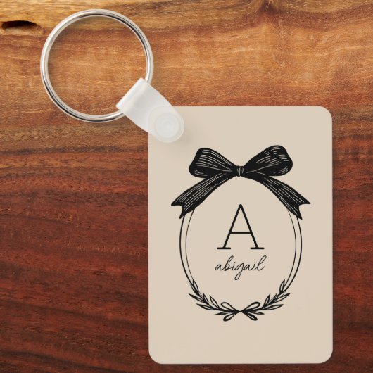 Elegant Black Bow Chic Coquette Beige Monogram キーホルダー (正面)