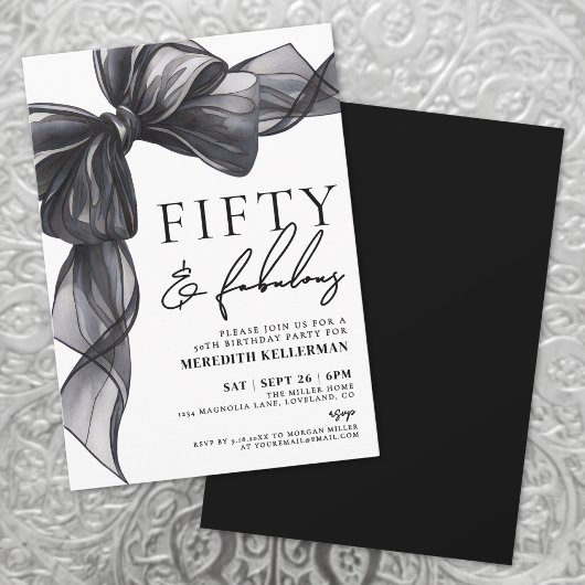 Elegant Black Bow Fifty & Fabulous 50th Birthday 招待状