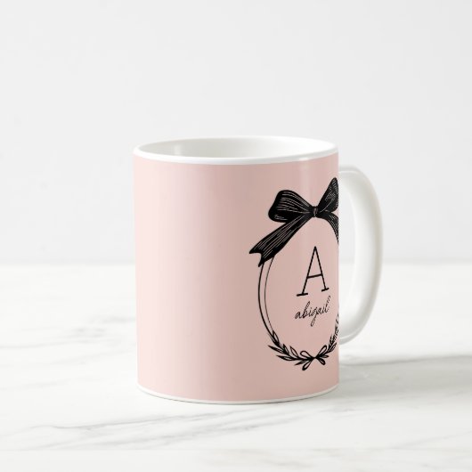 Elegant Black Bow Initial Chic Blush Pink Monogram コーヒーマグカップ (正面右)