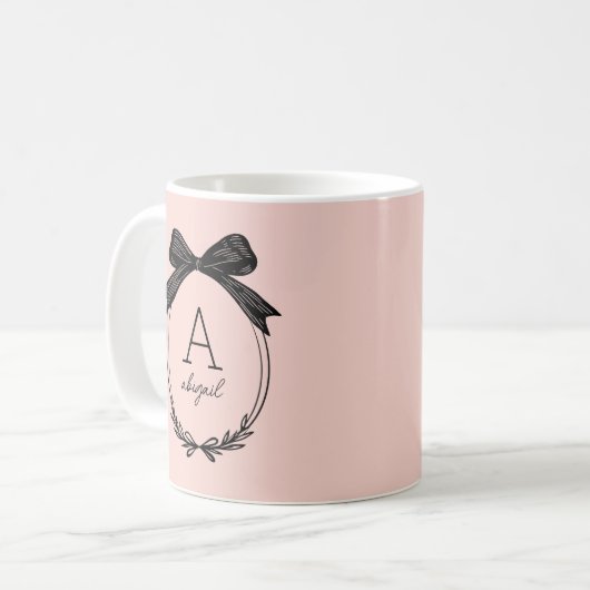 Elegant Black Bow Initial Chic Blush Pink Monogram コーヒーマグカップ (正面左)